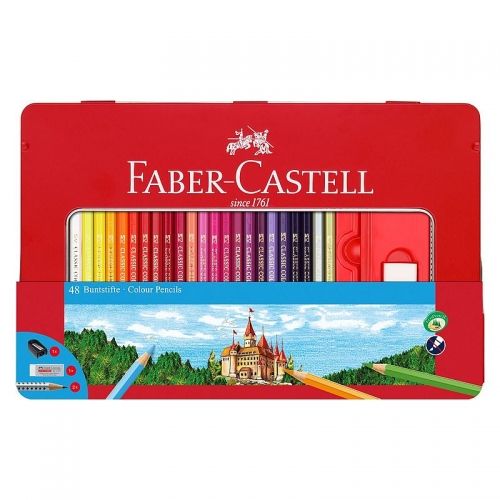 Creioane colorate 48 culori/cutie + 4 accesorii, Faber Castell