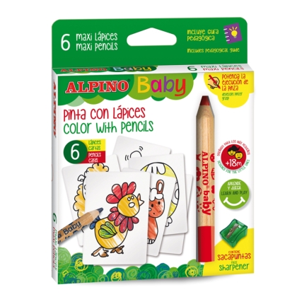 Creioane colorate 6 culori/cutie + 6 carduri animale Alpino Baby Maxi