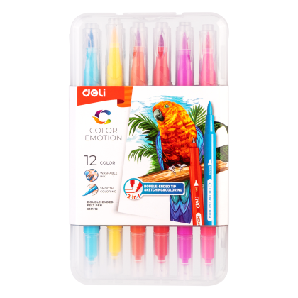 Carioca varf tip pensula 12 culori/cutie plastic Deli