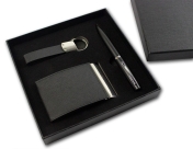 Set pentru cadou compus din pix metalic negru, breloc, port carti vizita imitatie piele, cutie carton