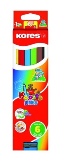 Creioane colorate Jumbo triunghiulare 6 culori/set + ascutitoare Kores