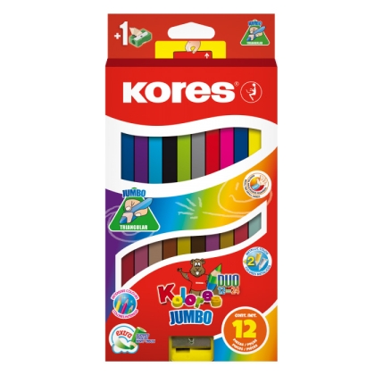 Creioane colorate Jumbo triunghiulare 12 culori/set + ascutitoare Kores