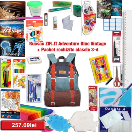 Rucsac ZIP..IT Adventure Blue Vintage + Pachet rechizite clasele 3 - 4