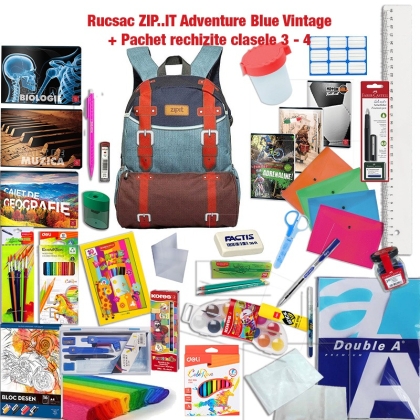 Rucsac ZIP..IT Adventure Blue Vintage + Pachet rechizite clasele 3 - 4