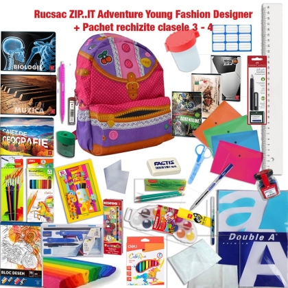 Rucsac ZIP..IT Adventure Young Fashion Designer + Pachet rechizite clasele 3 - 4