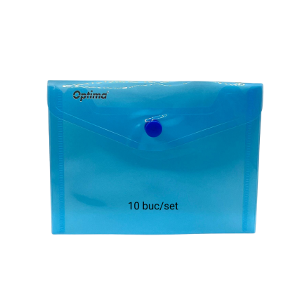 Mapa protectie documente A6 landscape, inchidere cu capsa, 10/set, Optima - albastru transparent