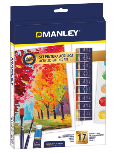 Set tempera acrilica Manley, rezistente la apa, 2 pensule+paleta incluse - 12 culori/set