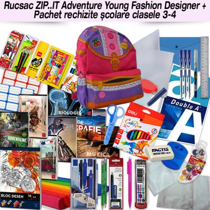 Rucsac ZIP..IT Adventure Young Fashion Designer + Pachet rechizite clasele 3 - 4