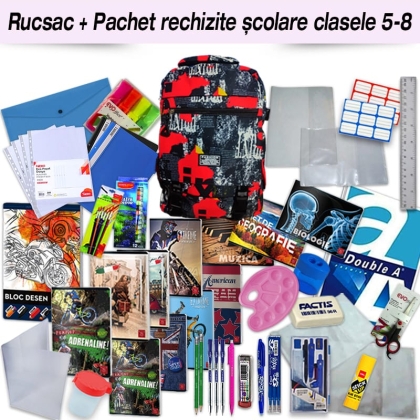 Rucsac fete 3 compartimente, 43x27x15 cm + Pachet rechizite clasele 5 - 8