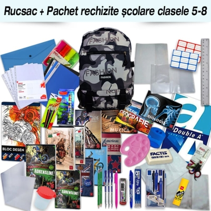 Rucsac baieti 3 compartimente, 43x27x15 cm + Pachet rechizite clasele 5 - 8