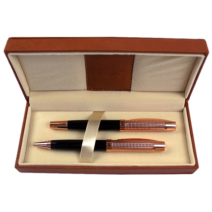 Set pix si roller metalic corp negru, accesorii rose gold, cutie din piele ecologica maro Willgo