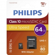 Card memorie Micro SDXC, cu adaptor SD, clasa 10, Philips 64GB