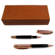 Set pix si roller metalic corp negru, accesorii rose gold, cutie din piele ecologica maro Willgo